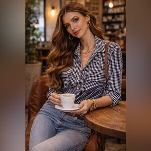 ZARA Black & White Gingham Button Down Shirt Classic Chic Pocket Blouse Capsule
